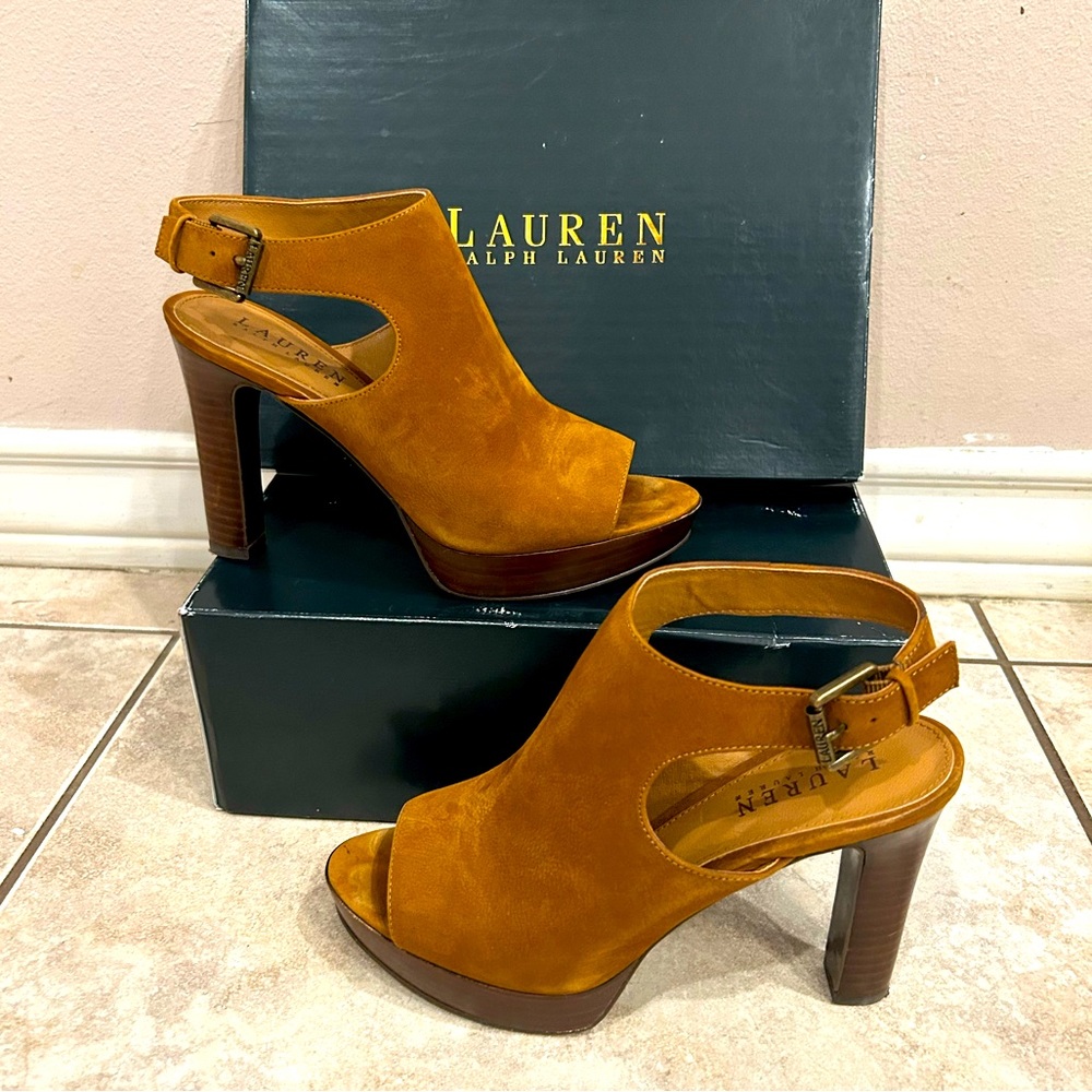 Lauren Ralph Lauren Seleste Brown Leather Sandals 4.5” Heel Peep Toe 1” Platform
